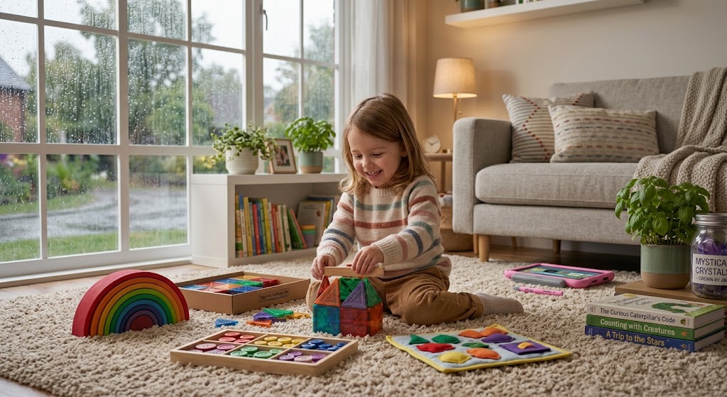 A child playing with rainy day activity toys for kids inside a cozy living room on a stormy afternoon.