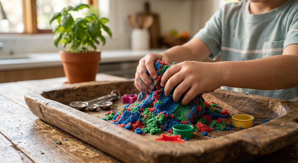 Child hands shaping kinetic sand as sensory-rich rainy day activity toys for kids.
