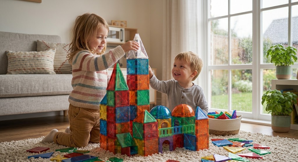 Two children building a castle using colorful magnetic tiles as rainy day activity toys for kids.