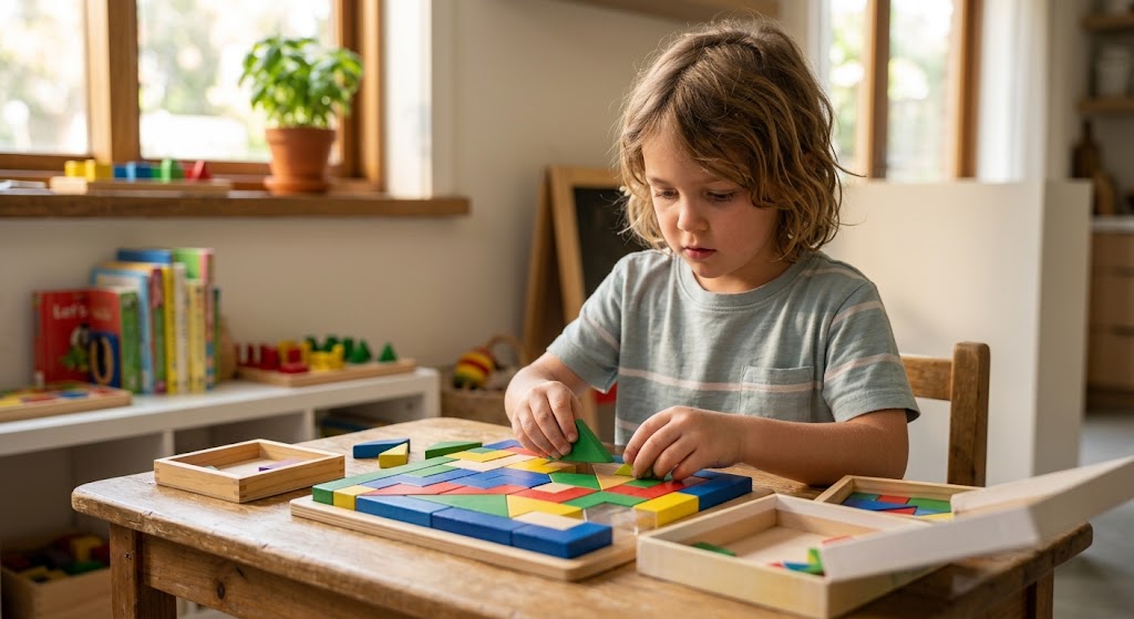 Young boy focusing on a wooden pattern puzzle, using quiet rainy day activity toys for kids.