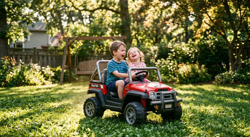 Two young siblings smiling while sharing a 2-seater electric ride-on car in their backyard.best 2-seater electric ride-on cars