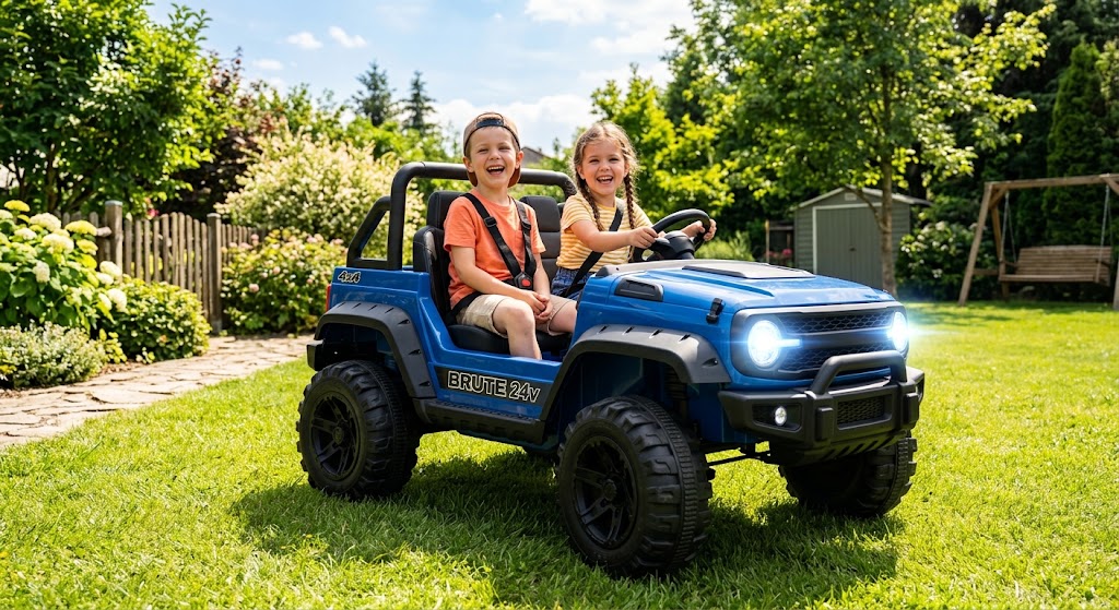 Two children wearing helmets sitting inside a two-seater electric off-road ride-on buggy on a grass yard.